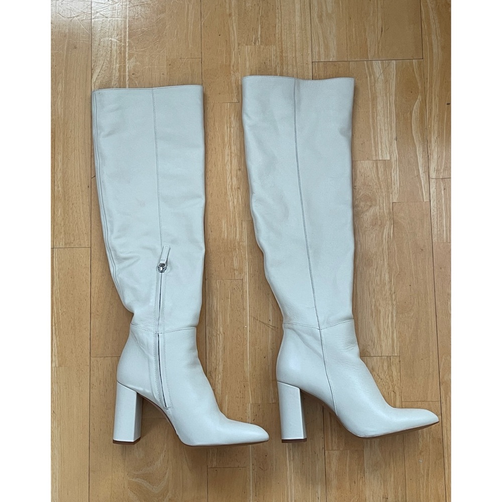 Zara White Over the Knee Boots with Chunky Heel